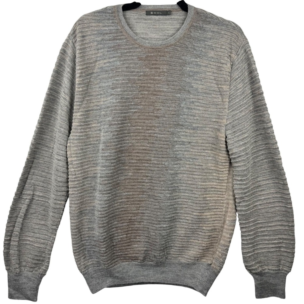 Sol Sweater Mens Large Grey Tan 100% Baby Alpaca Ribbed Crew Neck Peru Luxury